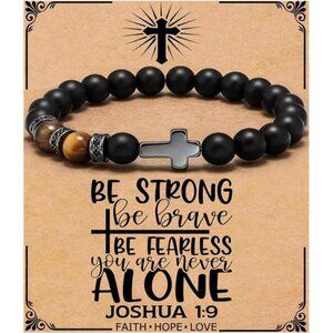 Mens Cross Bracelet Black Tiger Eye Beads Adjustable Christian Religious Gift